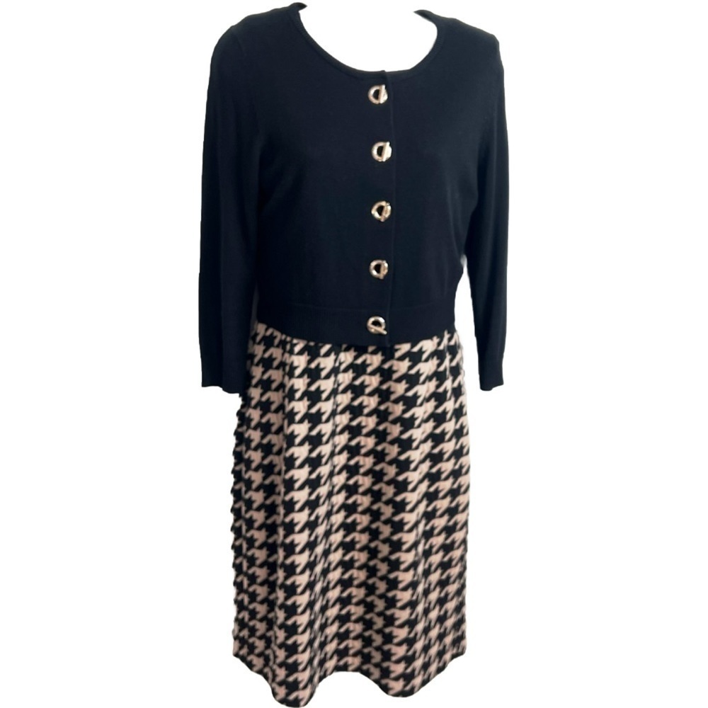 Calvin Klein Houndstooth Black Tan Sleeveless Dress Cardigan 2 Piece Set 8/M